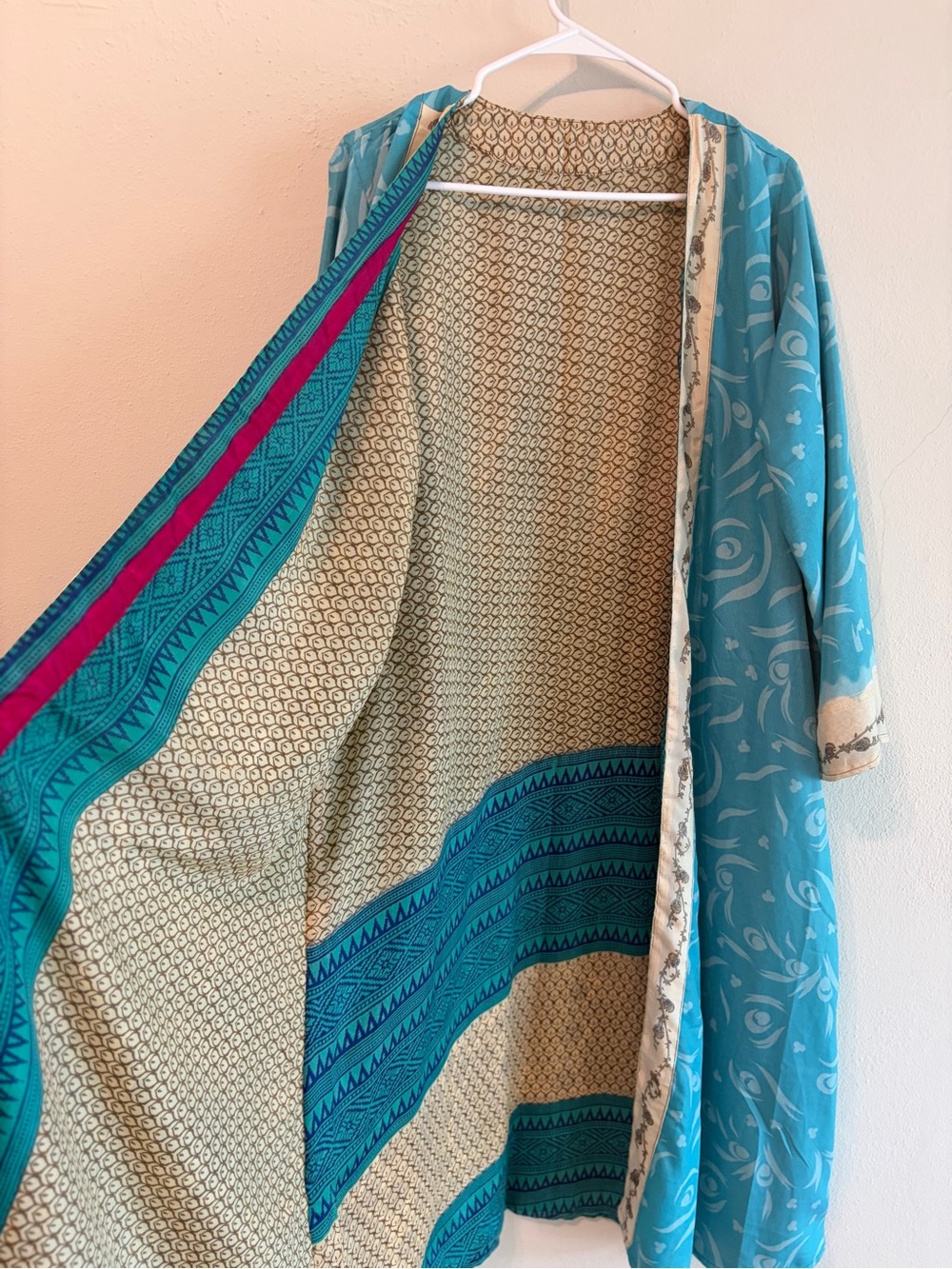 Reversible Blue Printed Silk Sari Women's Long Duster